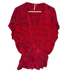 Petticoat Alley Scarlet Leaf Pattern Low V-neck Blouse 100% Silk